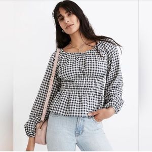 Madewell cropped navy blue gingham smocked boatneck top size S